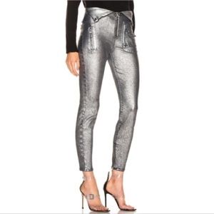 RtA Silver Diavolina Metallic Coated Fold-Over Zipper Moto Jeans